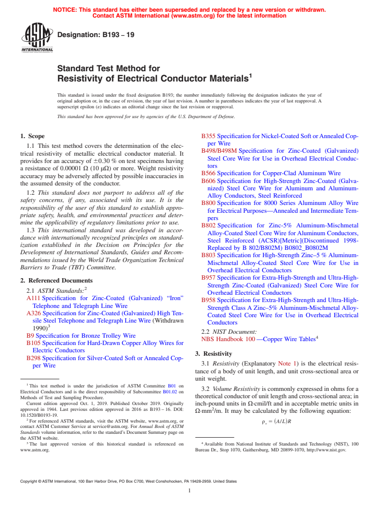 ASTM B193-19 - Standard Test Method for Resistivity of Electrical Conductor Materials