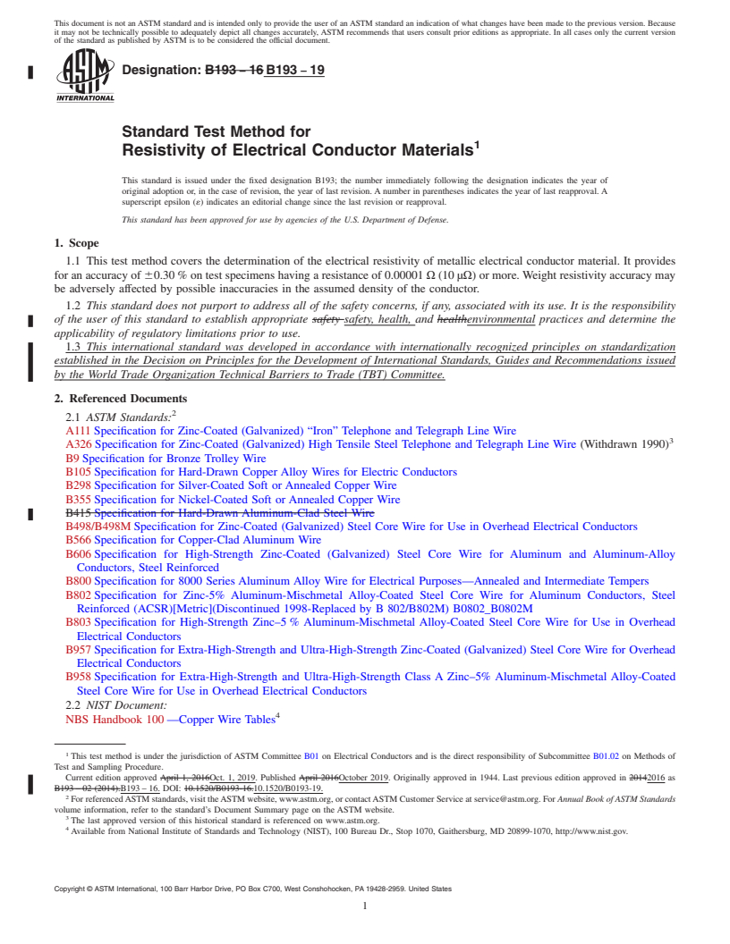 REDLINE ASTM B193-19 - Standard Test Method for Resistivity of Electrical Conductor Materials