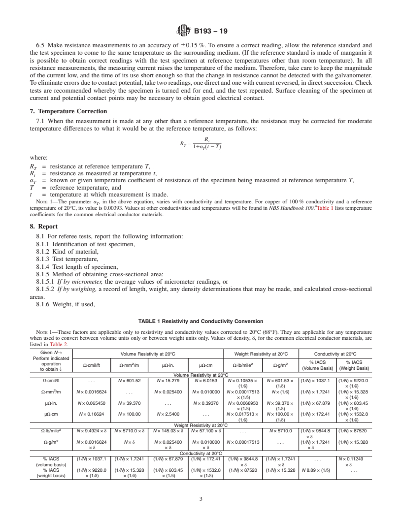 REDLINE ASTM B193-19 - Standard Test Method for Resistivity of Electrical Conductor Materials