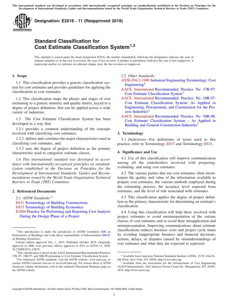 ASTM E2516-11(2019) - Standard Classification for Cost Estimate Classification System