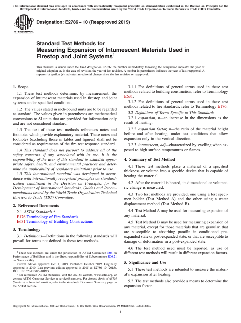 ASTM E2786-10(2019) - Standard Test Methods for Measuring Expansion of Intumescent Materials Used in Firestop  and Joint Systems