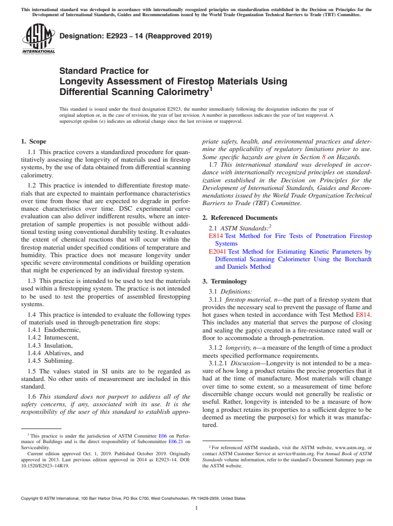 ASTM E2923-14(2019) - Standard Practice for Longevity Assessment of Firestop Materials Using Differential  Scanning Calorimetry