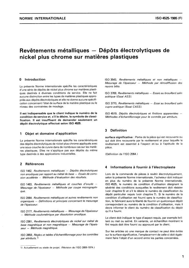 ISO 4525:1985 - Revetements métalliques -- Dépôts électrolytiques de nickel plus chrome sur matieres plastiques