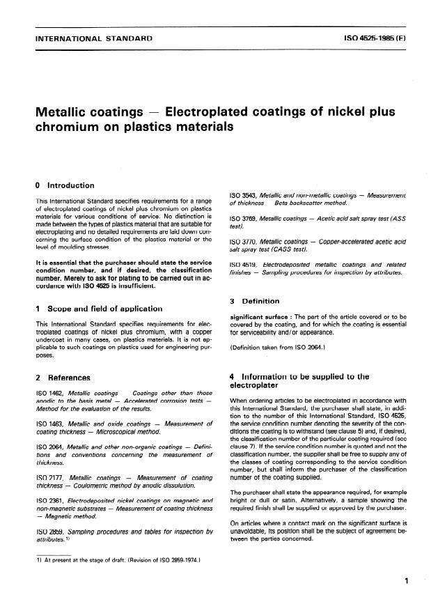 ISO 4525:1985 - Metallic coatings -- Electroplated coatings of nickel plus chromium on plastics materials