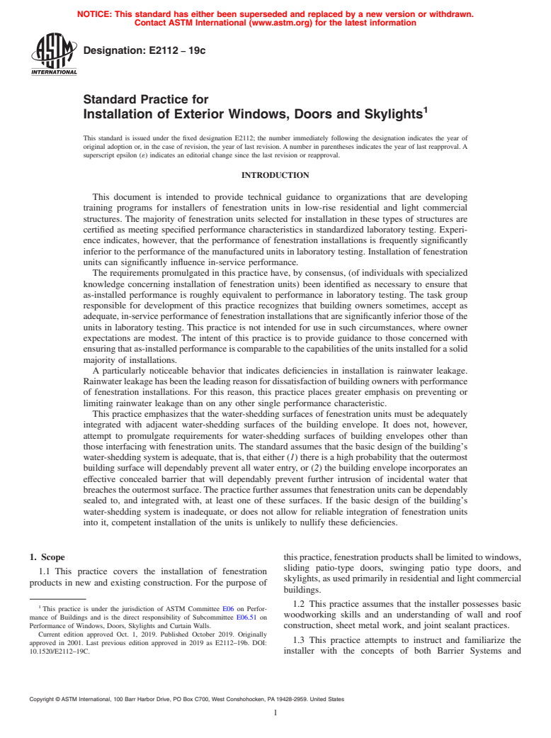 ASTM E2112-19c - Standard Practice for Installation of Exterior Windows, Doors and Skylights