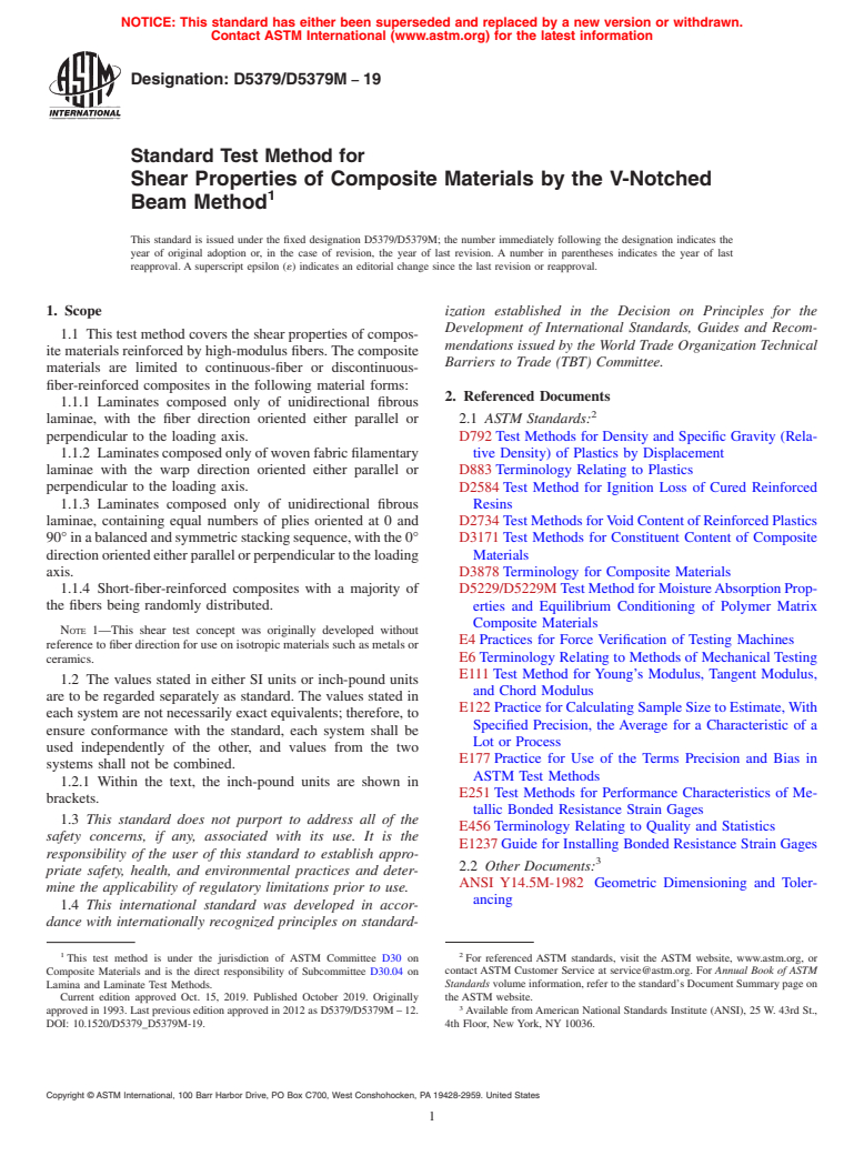 ASTM D5379/D5379M-19 - Standard Test Method for  Shear Properties of Composite Materials by the V-Notched Beam  Method