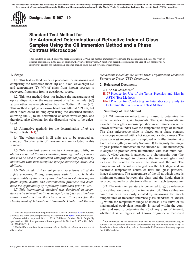 ASTM E1967-19 - Standard Test Method for  the Automated Determination of Refractive Index of Glass Samples  Using the Oil Immersion Method and a Phase Contrast Microscope