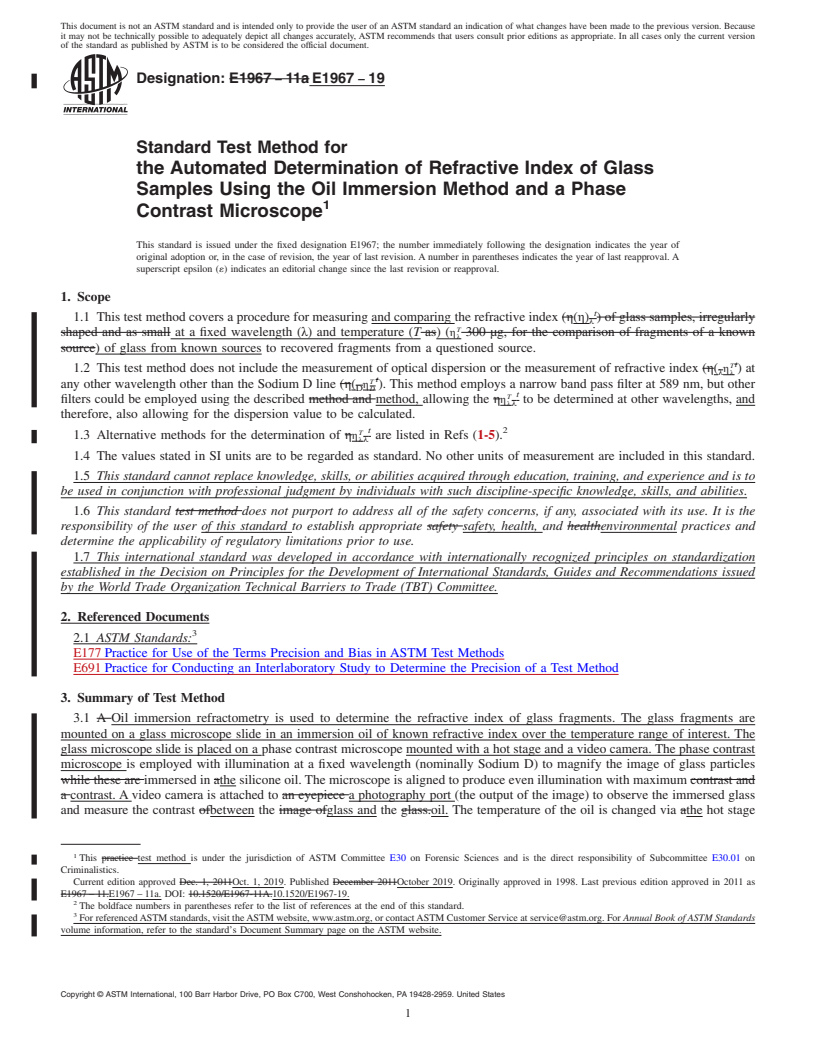 REDLINE ASTM E1967-19 - Standard Test Method for  the Automated Determination of Refractive Index of Glass Samples  Using the Oil Immersion Method and a Phase Contrast Microscope