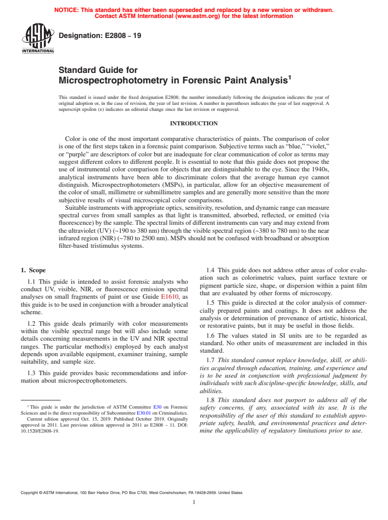 ASTM E2808-19 - Standard Guide for  Microspectrophotometry in Forensic Paint Analysis