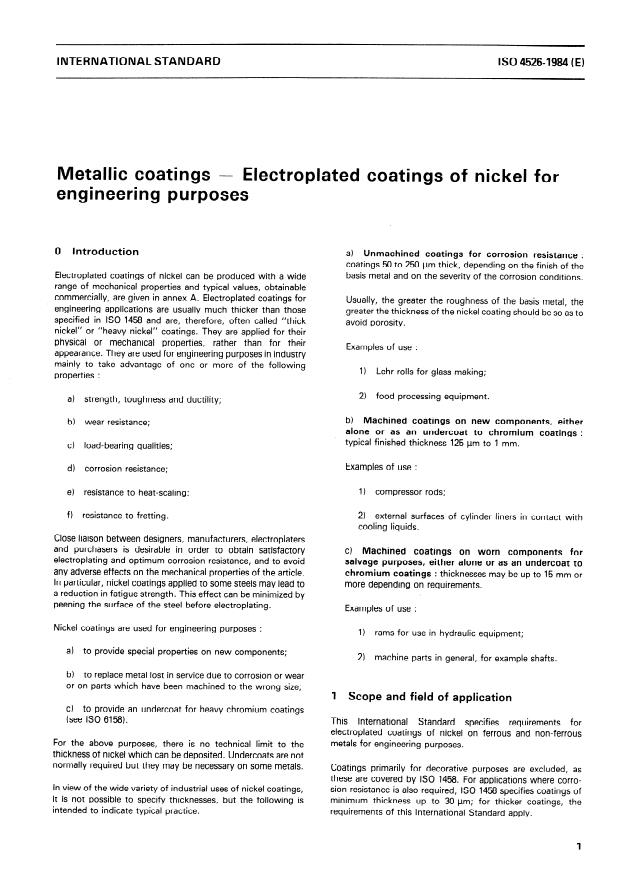 ISO 4526:1984 - Metallic coatings -- Electroplated coatings of nickel for engineering purposes