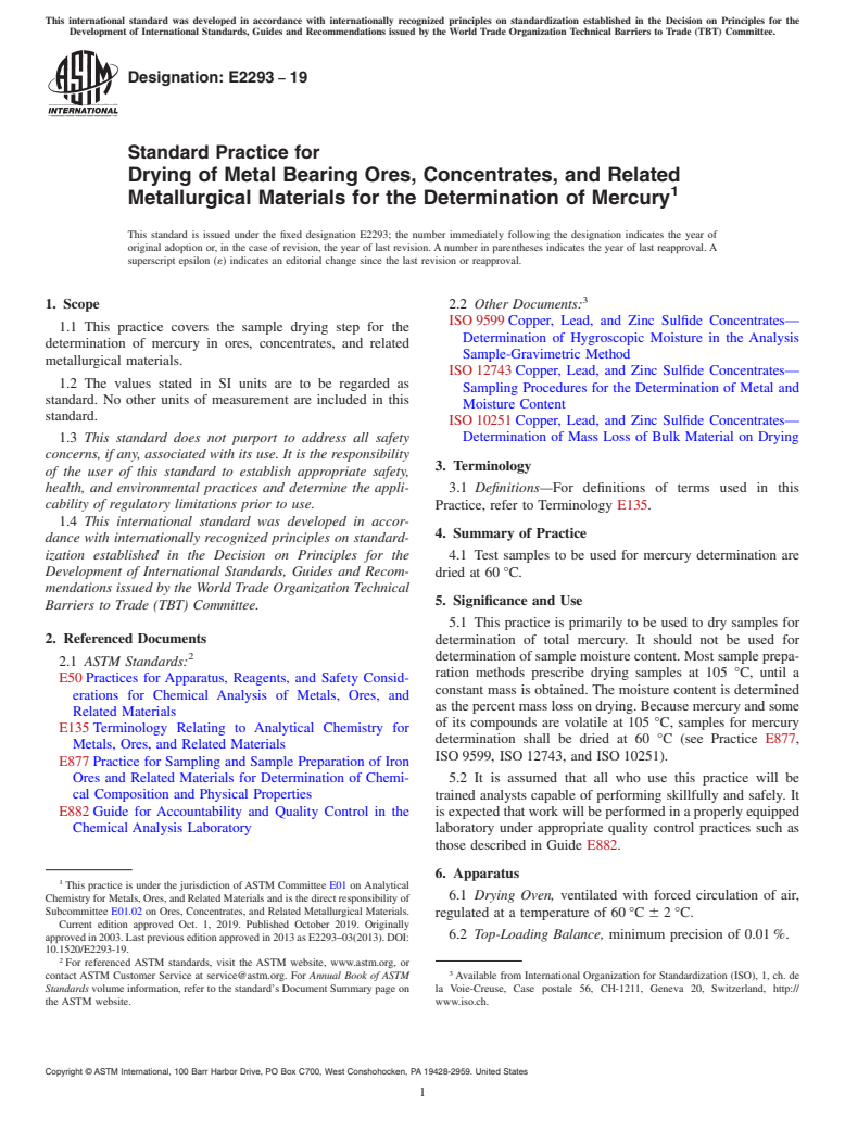 ASTM E2293-19 - Standard Practice for  Drying of Metal Bearing Ores, Concentrates, and Related Metallurgical  Materials for the Determination of Mercury