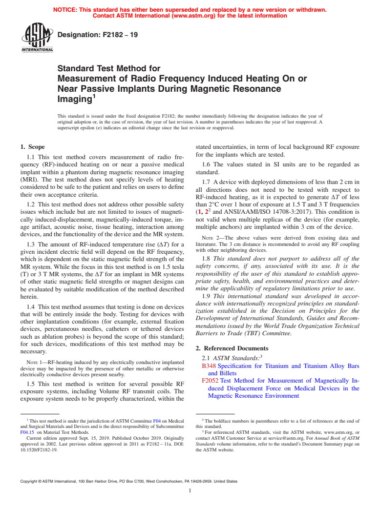 ASTM F2182-19 - Standard Test Method for Measurement of Radio Frequency Induced Heating On or Near Passive  Implants During Magnetic Resonance Imaging