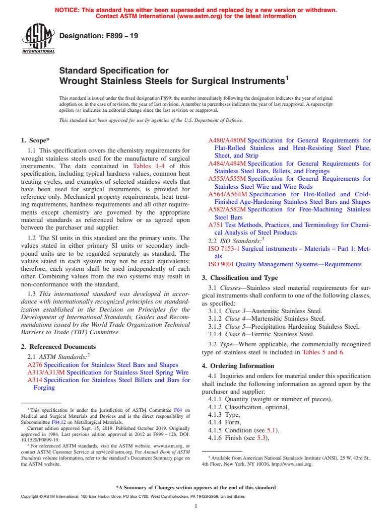 ASTM F899-19 - Standard Specification for  Wrought Stainless Steels for Surgical Instruments