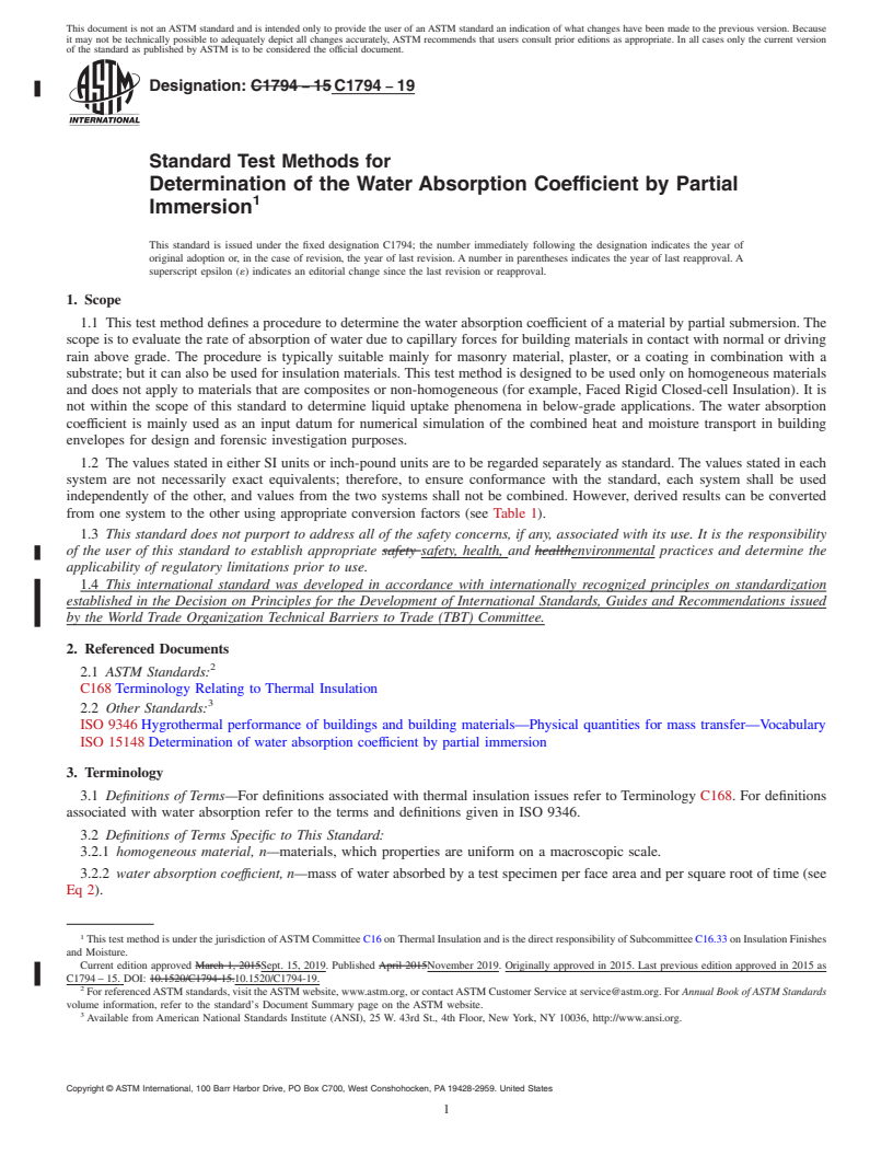 REDLINE ASTM C1794-19 - Standard Test Methods for Determination of the Water Absorption Coefficient by Partial  Immersion
