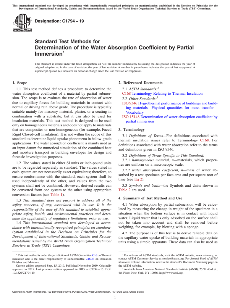 ASTM C1794-19 - Standard Test Methods for Determination of the Water Absorption Coefficient by Partial  Immersion