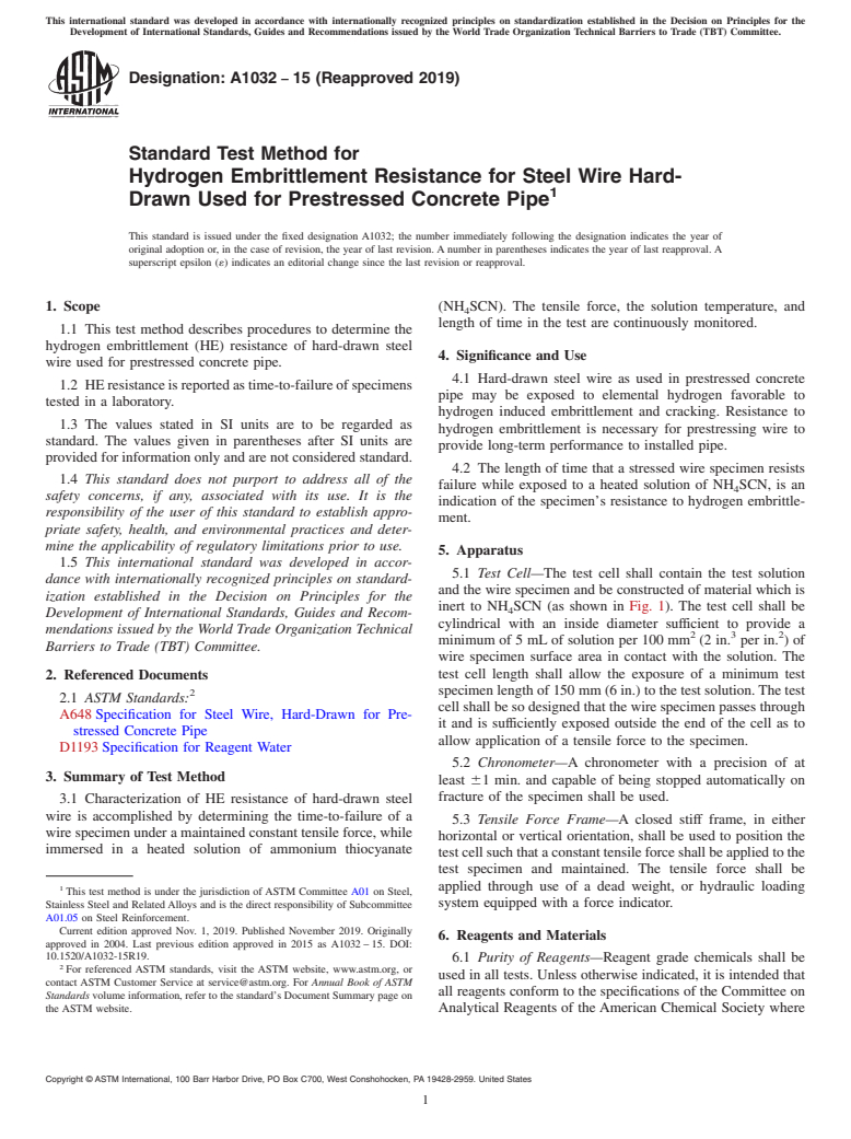 ASTM A1032-15(2019) - Standard Test Method for  Hydrogen Embrittlement Resistance for Steel Wire Hard-Drawn  Used for Prestressed Concrete Pipe