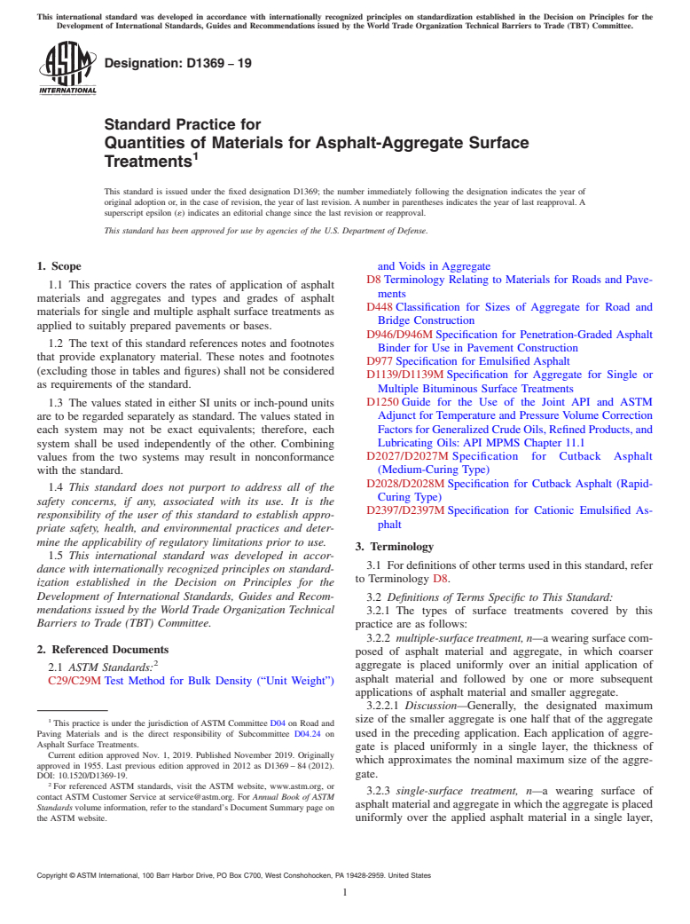ASTM D1369-19 - Standard Practice for  Quantities of Materials for Asphalt-Aggregate Surface Treatments