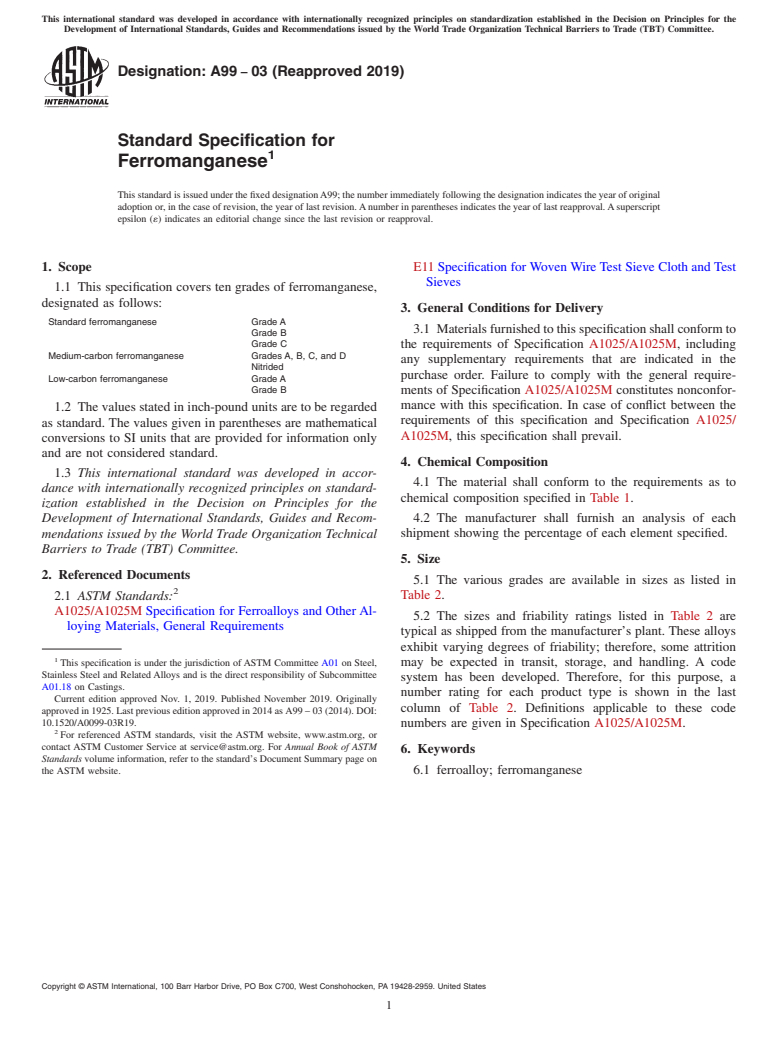 ASTM A99-03(2019) - Standard Specification for  Ferromanganese