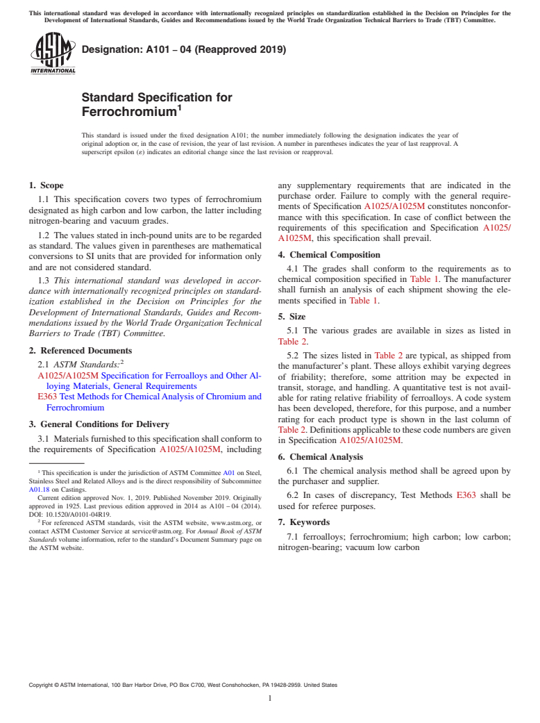 ASTM A101-04(2019) - Standard Specification for  Ferrochromium