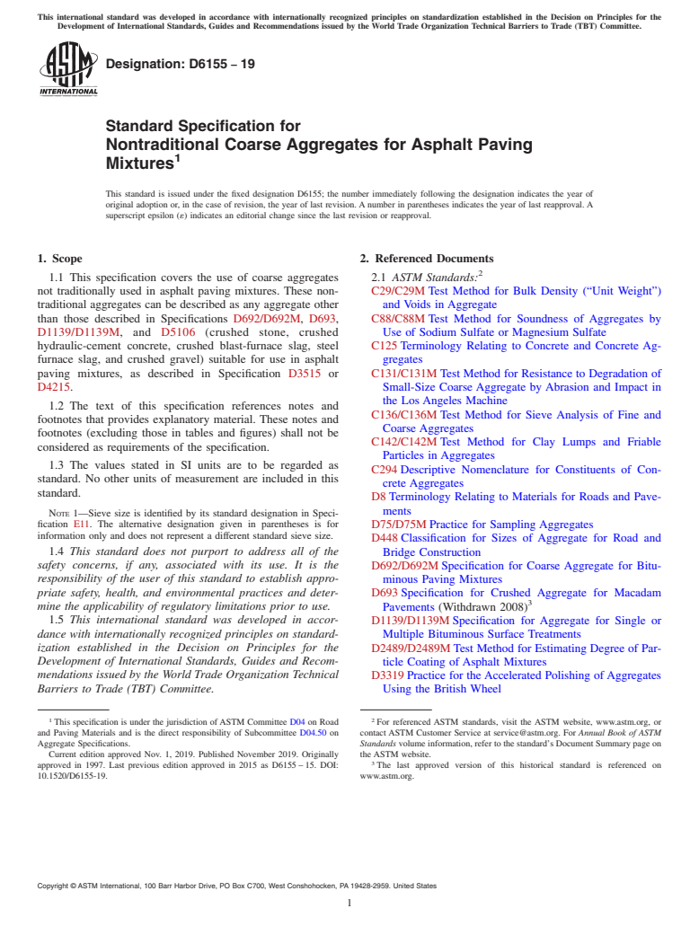 ASTM D6155-19 - Standard Specification for Nontraditional Coarse Aggregates for Asphalt Paving Mixtures