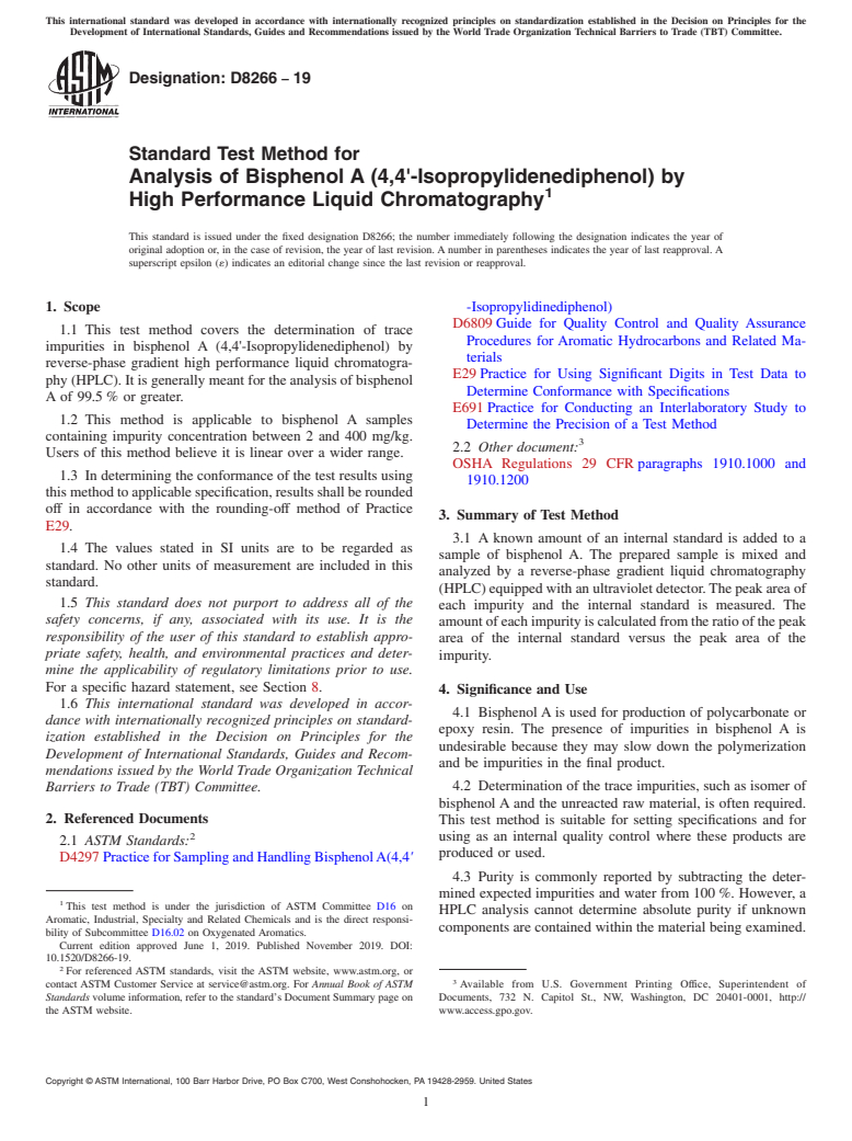 ASTM D8266-19 - Standard Test Method for Analysis of Bisphenol A (4,4`-Isopropylidenediphenol) by High  Performance Liquid Chromatography