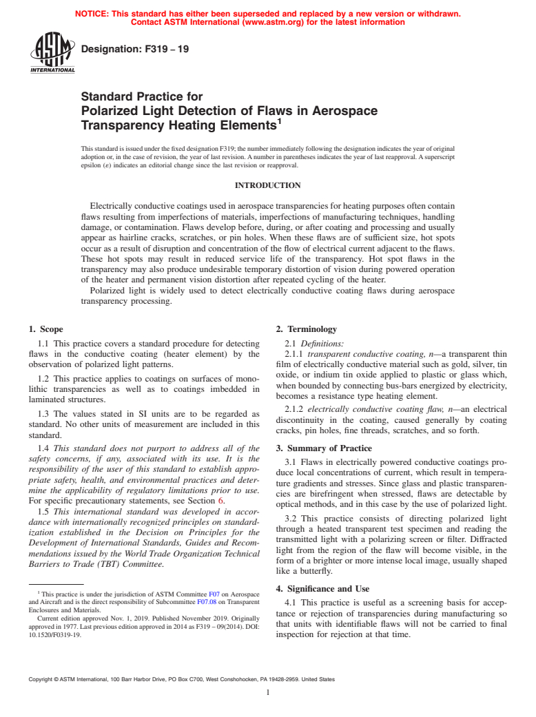 ASTM F319-19 - Standard Practice for  Polarized Light Detection of Flaws in Aerospace Transparency  Heating Elements