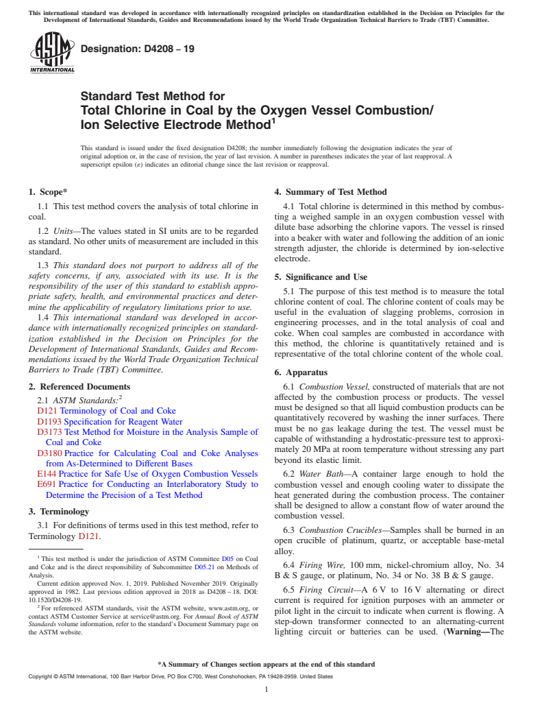 ASTM D4208-19 - Standard Test Method for  Total Chlorine in Coal by the Oxygen Vessel Combustion/Ion  Selective Electrode Method
