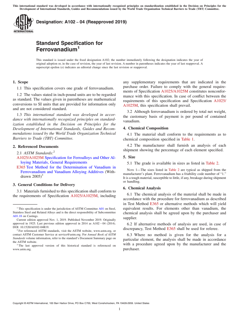 ASTM A102-04(2019) - Standard Specification for  Ferrovanadium