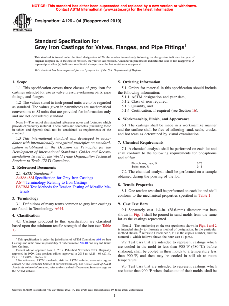 ASTM A126-04(2019) - Standard Specification for  Gray Iron Castings for Valves, Flanges, and Pipe Fittings