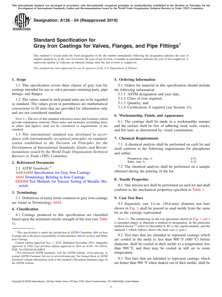 ASTM A126-04(2019) - Standard Specification for  Gray Iron Castings for Valves, Flanges, and Pipe Fittings