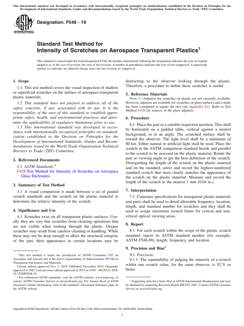 ASTM F548-19 - Standard Test Method for  Intensity of Scratches on Aerospace Transparent Plastics