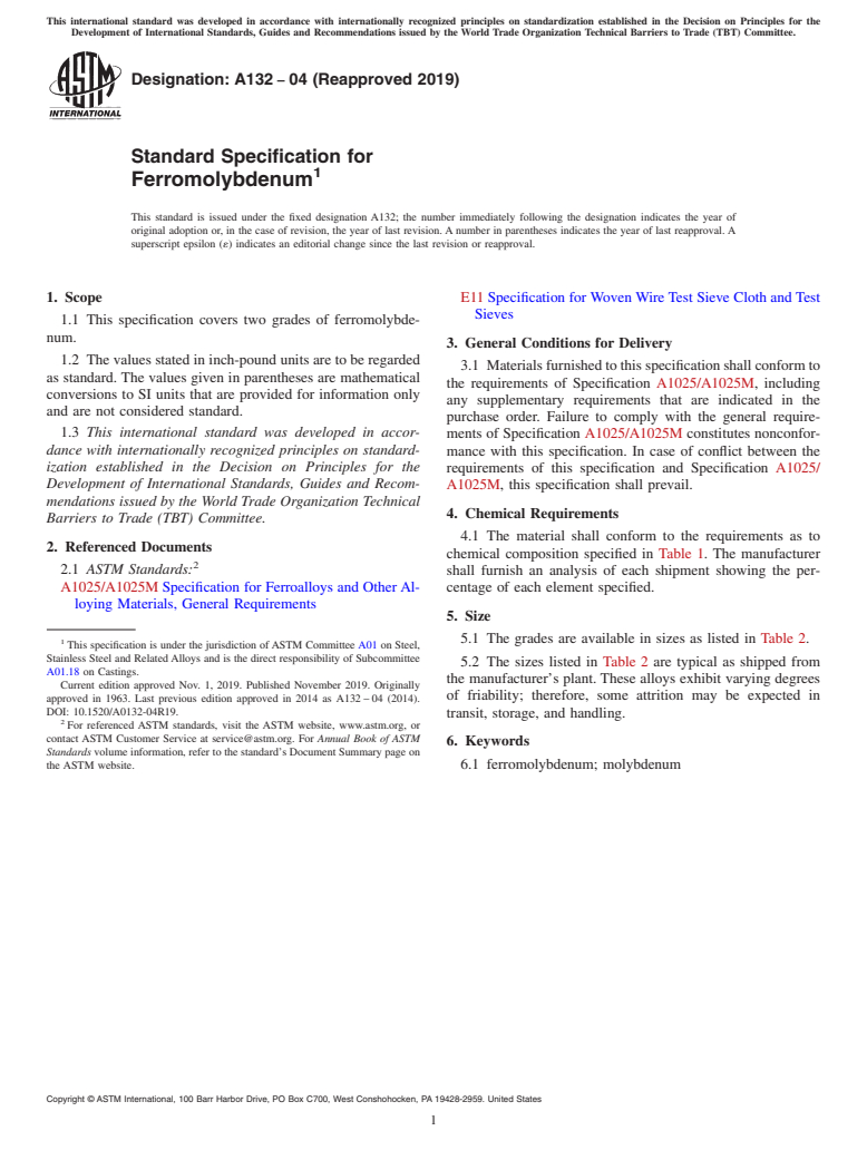 ASTM A132-04(2019) - Standard Specification for  Ferromolybdenum