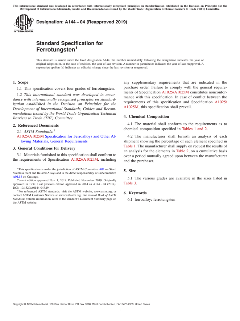 ASTM A144-04(2019) - Standard Specification for  Ferrotungsten