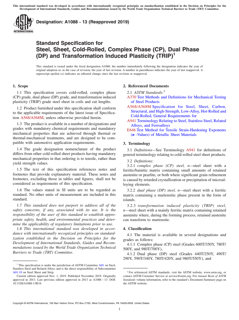 ASTM A1088-13(2019) - Standard Specification for &#xfeff;Steel, Sheet, Cold-Rolled, Complex Phase (CP), Dual  Phase (DP) and Transformation Induced Plasticity (TRIP)