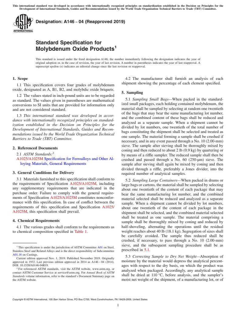 ASTM A146-04(2019) - Standard Specification for  Molybdenum Oxide Products