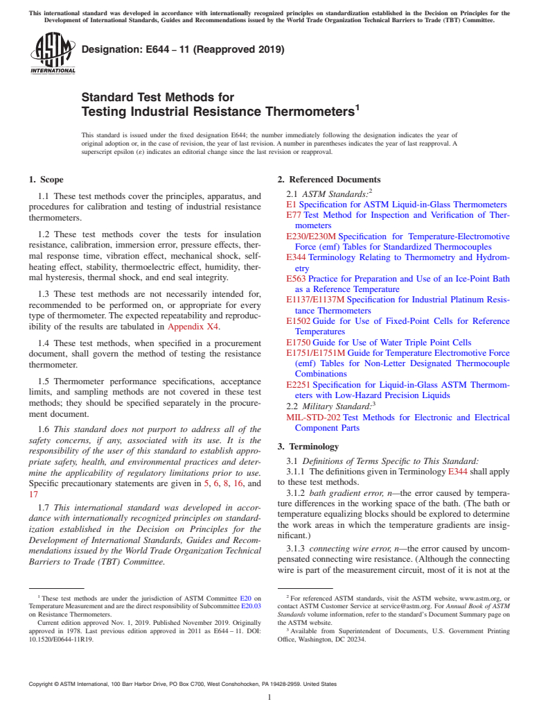 ASTM E644-11(2019) - Standard Test Methods for  Testing Industrial Resistance Thermometers