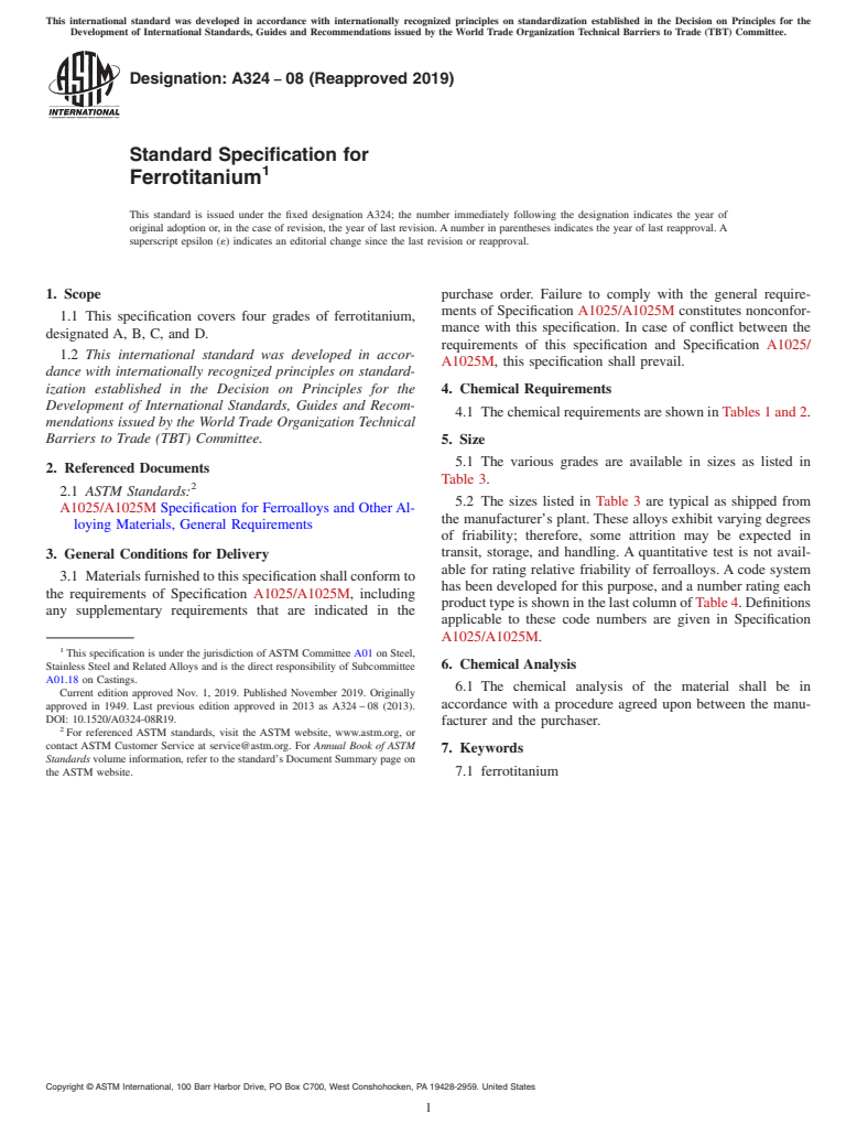 ASTM A324-08(2019) - Standard Specification for  Ferrotitanium