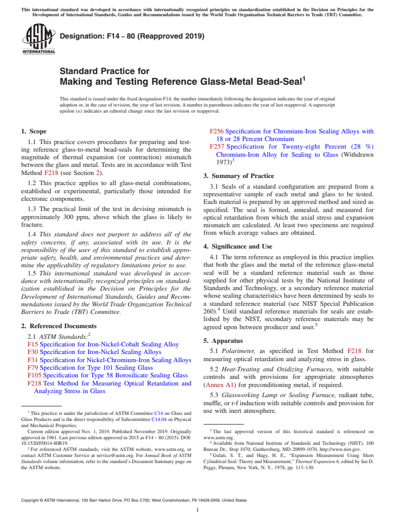 ASTM F14-80(2019) - Standard Practice for  Making and Testing Reference Glass-Metal Bead-Seal