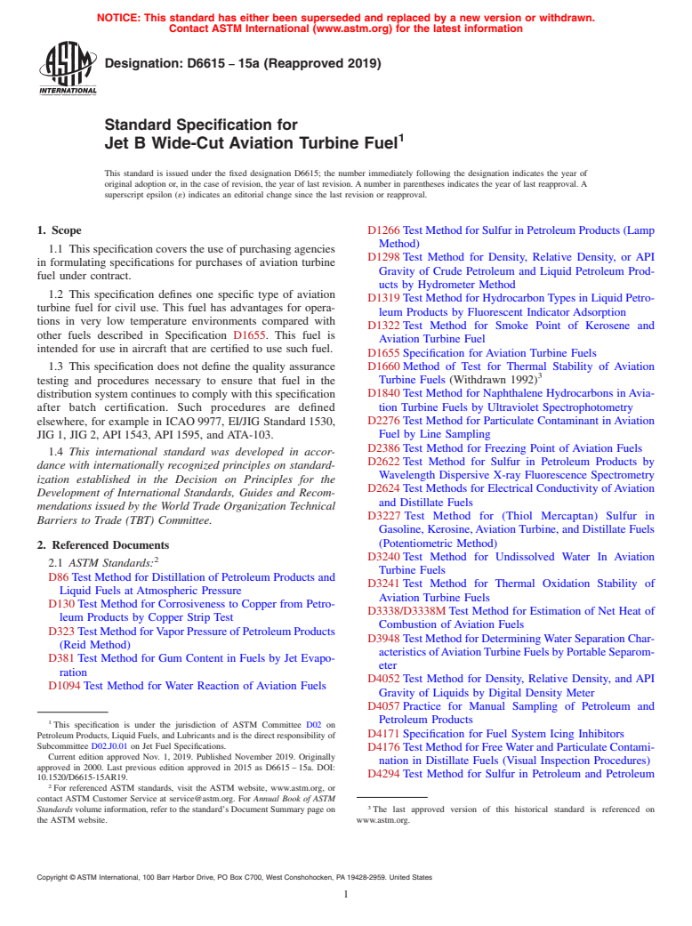 ASTM D6615-15a(2019) - Standard Specification for  Jet B Wide-Cut Aviation Turbine Fuel