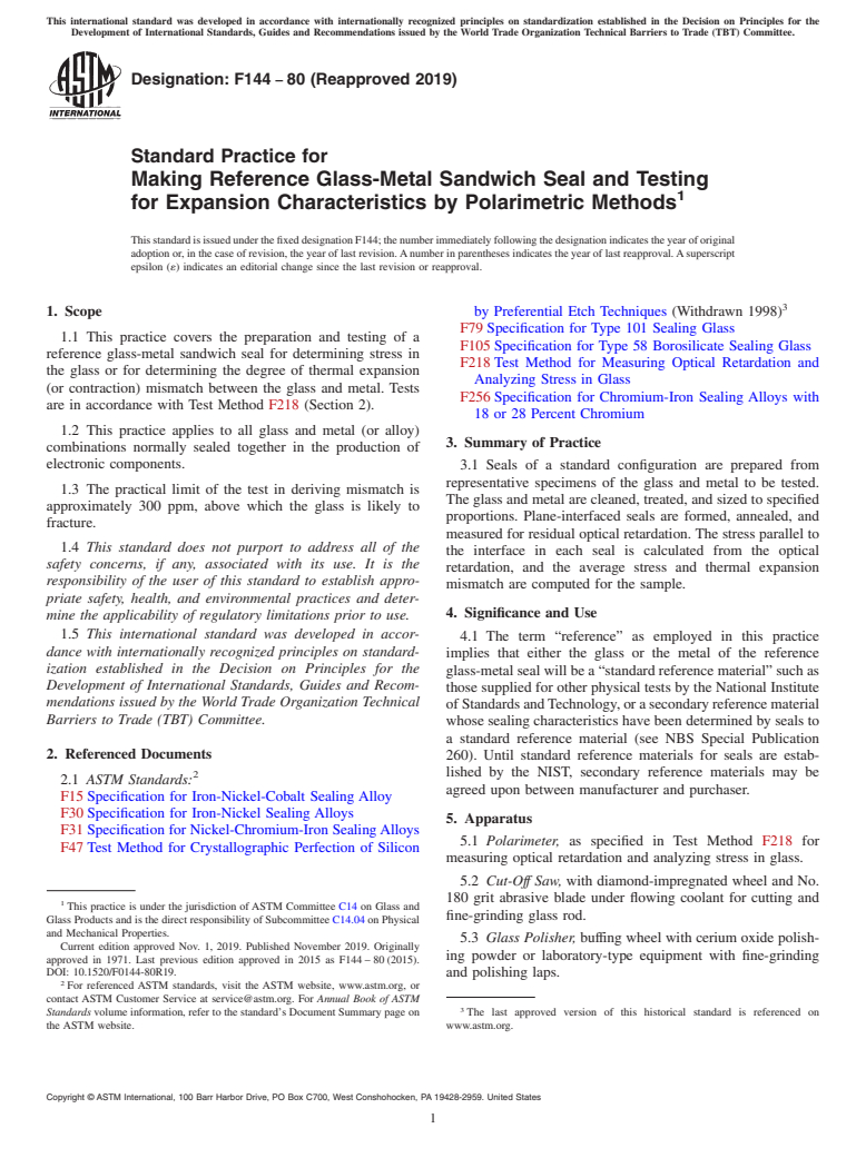 ASTM F144-80(2019) - Standard Practice for  Making Reference Glass-Metal Sandwich Seal and Testing for   Expansion Characteristics by Polarimetric Methods