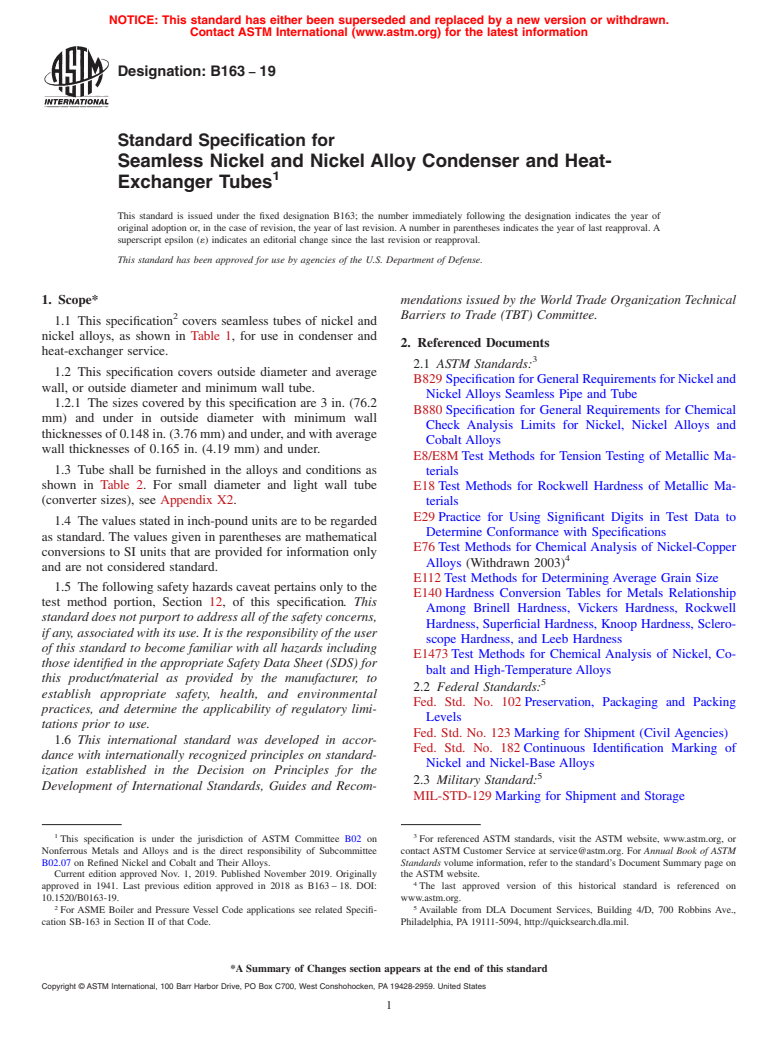 ASTM B163-19 - Standard Specification for Seamless Nickel and Nickel Alloy Condenser and Heat-Exchanger  Tubes