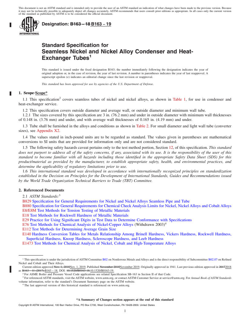 REDLINE ASTM B163-19 - Standard Specification for Seamless Nickel and Nickel Alloy Condenser and Heat-Exchanger  Tubes