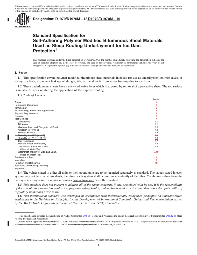 REDLINE ASTM D1970/D1970M-19 - Standard Specification for  Self-Adhering Polymer Modified Bituminous Sheet Materials Used   as Steep Roofing Underlayment for Ice Dam Protection