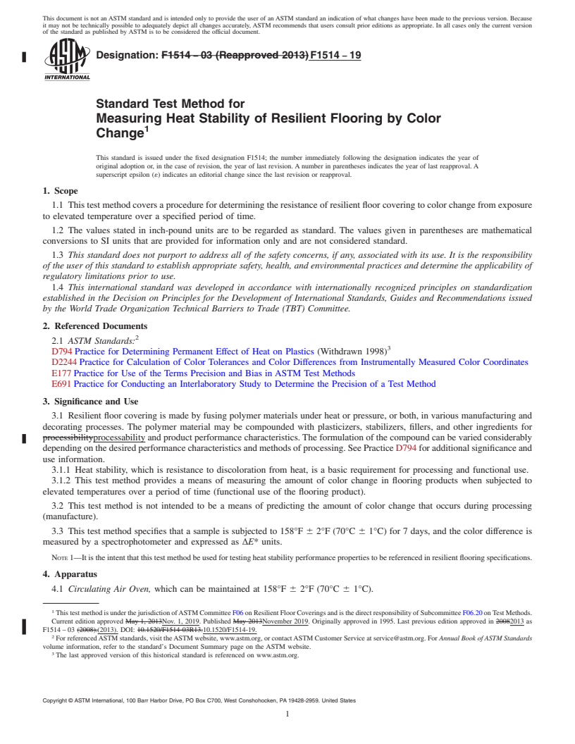 REDLINE ASTM F1514-19 - Standard Test Method for  Measuring Heat Stability of Resilient Flooring by Color Change