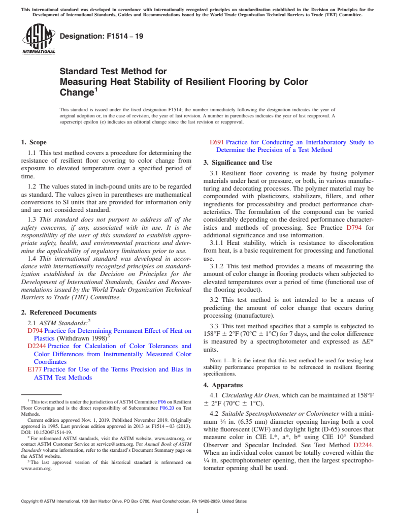 ASTM F1514-19 - Standard Test Method for  Measuring Heat Stability of Resilient Flooring by Color Change