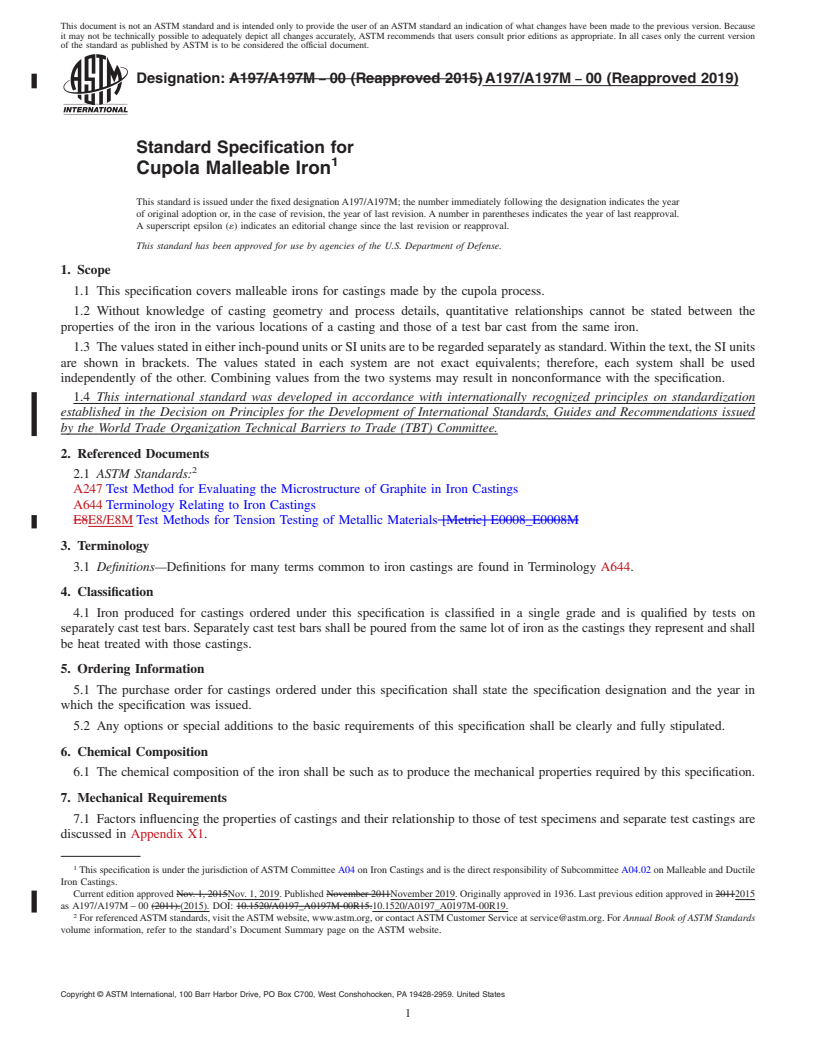 REDLINE ASTM A197/A197M-00(2019) - Standard Specification for  Cupola Malleable Iron