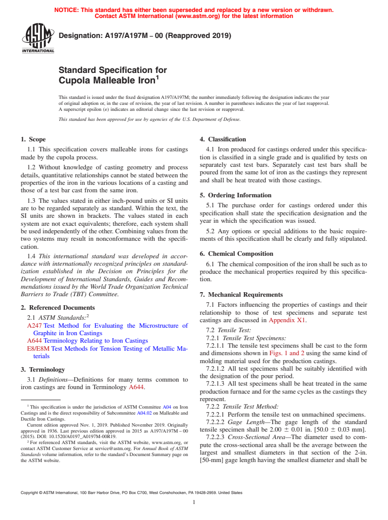 ASTM A197/A197M-00(2019) - Standard Specification for  Cupola Malleable Iron