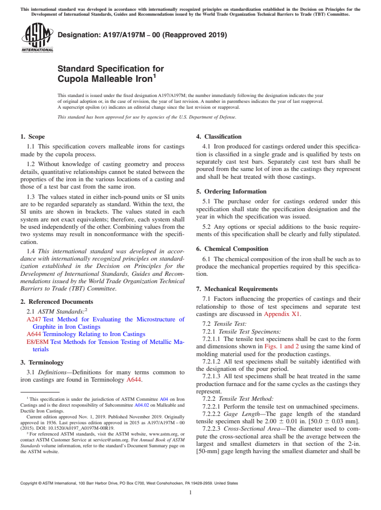 ASTM A197/A197M-00(2019) - Standard Specification for  Cupola Malleable Iron