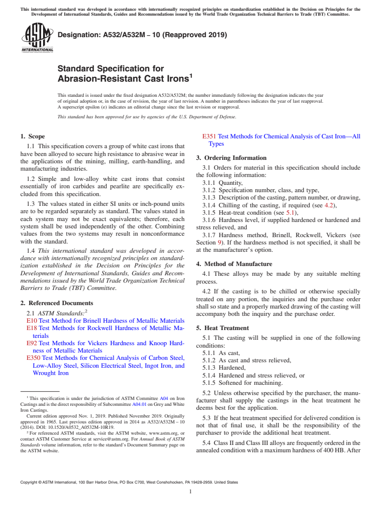 ASTM A532/A532M-10(2019) - Standard Specification for  Abrasion-Resistant Cast Irons