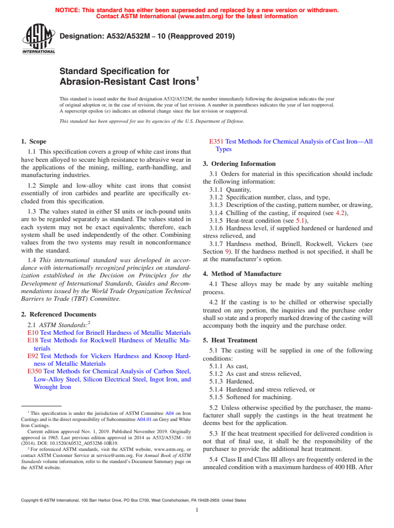 ASTM A532/A532M-10(2019) - Standard Specification for  Abrasion-Resistant Cast Irons